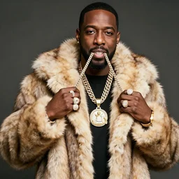 mr. rogers rocking a fur coat, big gold chains, three finger rings, og hustler, status, flossing, drip