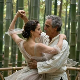 cinematography closeup portrait of couple dancing in a bamboo forest, thin flowing fabric, natural light by Emmanuel Lubezki