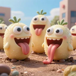 of a sparse sunny dessert with strange cute friendly happy creatures with huge eyes, mouth, long tongues and round teeth forming from the ground, in the style of gehry, macro lens, shallow depth of field, highly detailed, digital painting, trending artstation, concept art, illustration, cinematic lighting, vibrant colors, photorealism, epic, octane render
