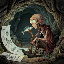dungeon master from d&d cartoon sitting in cave like gollum eating fish, in the style of Greg Broadmore and Arthur Rackham and Moebius, trending on artstation, light lighting side view,digital art,surrealism ,macro,blueprint ,vaporwave ,
