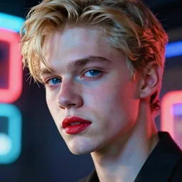 he was certainly wonderfully handsome, with his finely curved scarlet lips, his frank blue eyes, his crisp gold hair. There was something in his face that made one trust him at once. All the candour of youth was there, as well as all youth’s passionate purity, hyperrealistic hagime sorayama pascale blanche dramatic neon light 35mm shallow depth of field