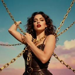 portrait of a beautiful woman breaking free of her gold chains, in the sky, cinematic lighting, establishing shot, surrealist, pop art