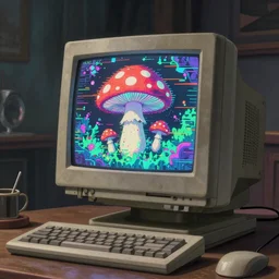 A realistic painting of a vintage computer CRT, with a psychedelic mushroom glitch art on the screen, in a post apocalyptic city, ghibli, unreal 5, DAZ, hyperrealistic, octane render, RPG portrait, dynamic lighting