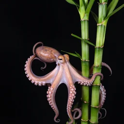 an octopus wrapping his tentacles around a lucky bamboo plant black background