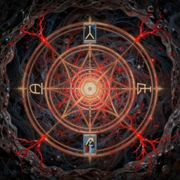 beautiful painting of a summoning circle spell with runes in a dark cave, tarot, complex environment, by johfra bosschart, fractals, red liquid glowing metal veins, details