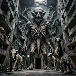 a hybrid of all animals, grotesque, beksinski, in a dark massive place brutalism, large scale
