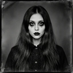 eery evil ghost girl with long hair, big cut on face, big black eyes, black clothes, horrorific, old tintype photo,
