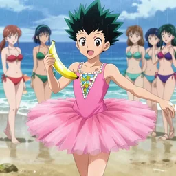 hisoka from hunter x hunter wearing a pink tutu ballet dress with a shiny chrome banana in his hand while standing on a rainy beach with girls in colorfull bikini ‘ s in the back, anime style, 4 k, high detail,