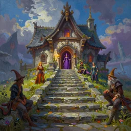 matte glossy painting of stone steps fantasy leading to a cottage where a witch lives p artstation by emilia dziubak, will terry, greg olsen, chris mars, ann long, and mark brooks, greg ritkowski, james gurney, architecture, colorful warcraft architecture