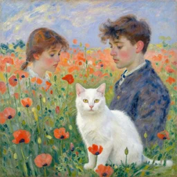 manon, gregoire and a white cat with yellow eyes in a field of poppy, by monet