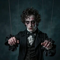detailed cinematic moody colors studio portrait of a young victorian gentleman being controled like a puppet, creepy possesed evil vibe, high quality by jeremy mann, only one head single portrait