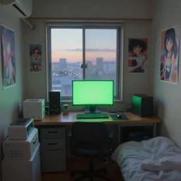 small room in tokyo, window open, dawn, computer, green glow on monitor's face, walls anime posters, lots of appliances, small bed not made, hyper realism, photo realism, hyper details, soft light, soft shadows, oil painted, blurred photo
