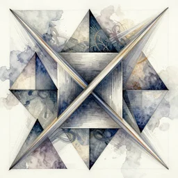 an abstract composition consisting of intersecting lines that create regular right triangles of varying sizes, watercolor texturing, wild brush strokes, beautiful gradients, and interweaving acanthus design elements, mixed media