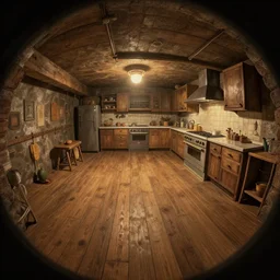underground, fisheye spiral lines, naive, extra narrow, detailed illustration of a basement kitchen, large floor, dimly lit by rhads from lorax movie, trending artstation, wood texture