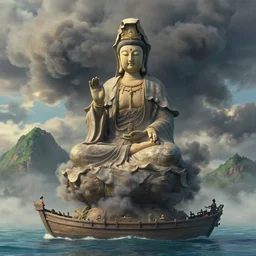 craig mullins and ghibli digital illustration of a huge guanyin statue composed of dark clouds and smoke floats on the a boat, summer ， mountain, unreal engine, hyper realism, realistic shading, cinematic composition, realistic render, octane render, detailed textures, photorealistic, wide shot