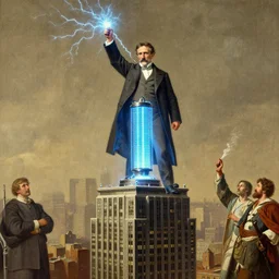 bioshock thunder magnate Nikola Tesla atop the skyscraper brandishing a crackling phosphorescent tesla coil acrylic aquatint winslow homer craig j. spearing thomas eakins greg rutkowski alexandre benois giotto maximilian pirner realism unreal engine render