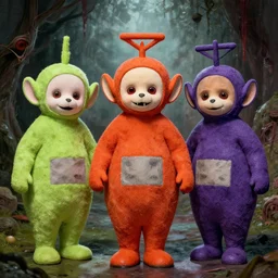 teletubbies horro movie, saw teeth, red eyes, macabre, grotesque, greg rutkoswki, artwork, masterpiece