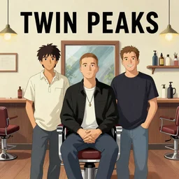 Twin Peaks poster artwork by Michael Whelan, Bob Larkin and Tomer Hanuka, of portrait of Justin Beber, Eminem, Channing Tatum and Joseph Gordon-Levitt in a barbershop quartet, from scene from Twin Peaks, simple illustration, domestic, nostalgic, from scene from Twin Peaks, clean, full of details, by Makoto Shinkai and thomas kinkade, Matte painting, trending on artstation and unreal engine