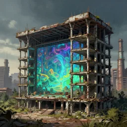 a beautiful very detailed illustration of abandoned unfinished building nature home theater city building urbex industrial architecture by b. v. doshi, universe gem biopunk extraterrestial thermal imaging, archdaily, wallpaper, highly detailed, trending on artstation.