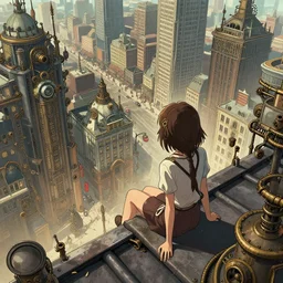 a girl sitting on the ledge of a building roof, looking down at a busy metropolise, seen from the back, top view, in the style of greg rutkowski, anime artstyle, 2 d art, intricate, steampunk
