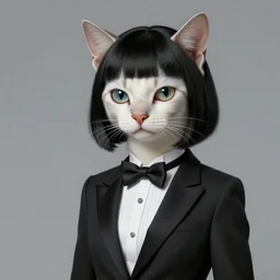 slim cruel business humanoid cat in tuxedo with black bob hair, elegant, 2 d, ultra highly detailed, digital painting, smooth, sharp focus, artstation, art by ilya kuvshinov!