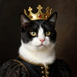 renaissance portrait of a black and white cat wearing a crown, in the style of eugene de blaas