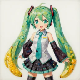 a painting of vocaloid hatsune miku by giuseppe arcimboldo made out fruits, vegetables, flowers, fish and books. hatsune miku's pigtails are made out of leeks