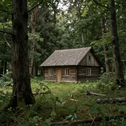 a single cottage in the woods and empty woods, 8k, fantasy, realistic, atmospheric lighting