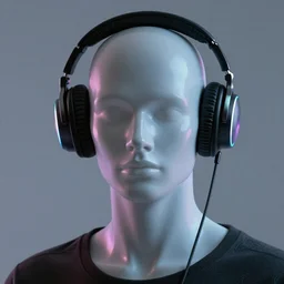 a highly photorealistic portrait of a humanoid dj wearing futuristic headphones