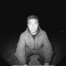 trailcam image of drunk Chief Keef, black and white, nightshot, fish eye lens, grainy