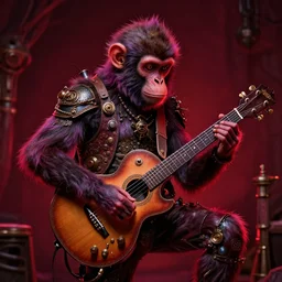 a steampunk monkey playing a guitar solo style of beksinski, intricate composition, magentaby caravaggio, highly quality, highly detailed, masterpiece, red light, artstation