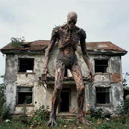 1 9 7 0 s photography, tall and cancerous creature outside old abandoned house