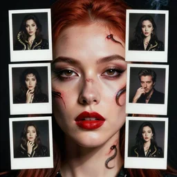 portrait of a woman, detailed close - up, skin scars, high sharpness, zeiss lens, retro photoshoot, smoke black, red hair, snakes, red lipstick, palaroid effect, edward buba, annie leibovitz, paolo roversi, david lazar, jimmy nelsson, eiko hosoe, artistic, hyperrealistic, beautiful face, octane rendering