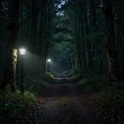 forest path lights, dark, horror, ominous
