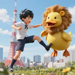 a ultra realistic anime school boy fighting a lion duck above tokyo