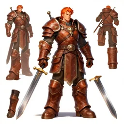 d & d fighter, rag tag leather armour, great sword, ginger hair, over - sized boots, reference sheet, artstation, concept art, vibrant colors!, smooth, sharp focus, illustration, fantasy style, ray tracing, hyperdetailed