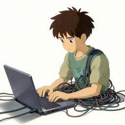 illustration of a boy connected to his laptop with hundreds of wires, highly detailed, by ghibli, butcher billy, mcbess, rutkowski, james jean, 8 k, photorealistic
