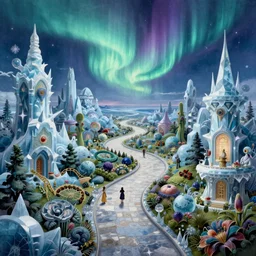 an epic elite masterpiece mysterious sci - fi matte painting of a winding path through arctic dream worlds with surreal ice structures inspired by heironymous bosch's garden of earthly delights, surreal ice landscapes by asher durand and cyril rolando and natalie shau and thomas kinkade, insanely detailed and intricate, elegant, northern lights, synthwave, ethereal aurora spirits