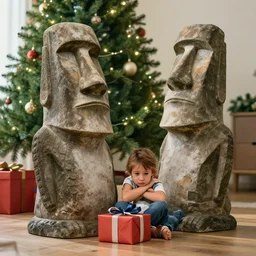 disappointed kid after receiving a hyperrealistic giant moai statue for a christmas present. christmas tree as background. wide angle shot. render 5. octane render. highly detailed, trending on reddit. trending on 9 gag, trending on social media memes.