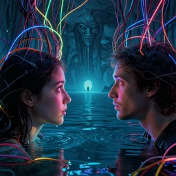 face in water, neon, they are watching, RGB, glowing wires everywhere, pristine, by Edgar Maxence and Ross Tran, Zdzisław Beksiński, and Michael Whelan, distant, gustav dore, H.R. Giger, 8k, octane render