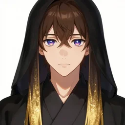a man with with brown hair and eyes with stars and galaxies in his eyes, wearing a black robe with the tips made of gold, anime, tredning on artstation, high quality