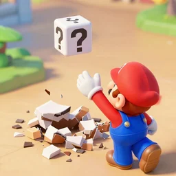 a photo of someone throwing a question block from the mario videogames on to the floor, breaking