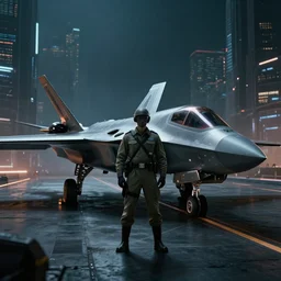 fighter pilot stands beside futuristic sci fi fighter jet landed at runway of cyberpunk city ,dark cinematic lighting , digital concept art