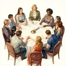 the circle complete, asian european and african at one table, male and female, handshake, highly detailed, digital painting, watercolor, soviet realism, engraving, artstation, concept art, smooth, sharp focus, vivid grunge, manga, illustration, unreal engine 5, 8 k, art by bilibin and kuvshinov and malevich and mucha