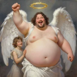 extremely fat! keanu reeves, celebrating, extremely happy, angelic romantic painting, elegant intricate digital painting artstation concept art by mark brooks and brad kunkle detailed