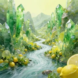 lemon juice river flowing through enormous, mountainous, glistening emerald crystal formations, abstract landscape, octane render, 4 k desktop wallpaper, trending on artstation