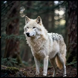lomo photo of a white wolf in a dense forest, cinestill, bokeh, out of focus