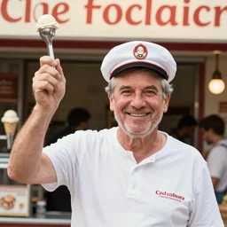 ice cream man holding an ice cream scoop up, wearing a white soda jerk hat, smiling cheerfully, chesley bonestell, vincent di fate