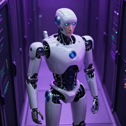 hyperrealistic medium shot robot cyborg in data center server by denis villeneuve and stanley kubrick highly detailed concept art eric zener elson peter cinematic hard purple lighting high angle hd 8 k sharp shallow depth of field
