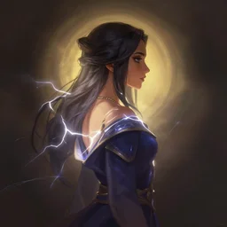 side profile centered painted portrait, Maya Ali as a lightning mage, Gloomhaven, matte painting concept art, beautifully backlit, official fanart, pretty, beautiful, elegant, 4k, HDR, Trending on artstation, Behance, by Kuvshinov Ilya, Cushart Krentz and Gilleard James